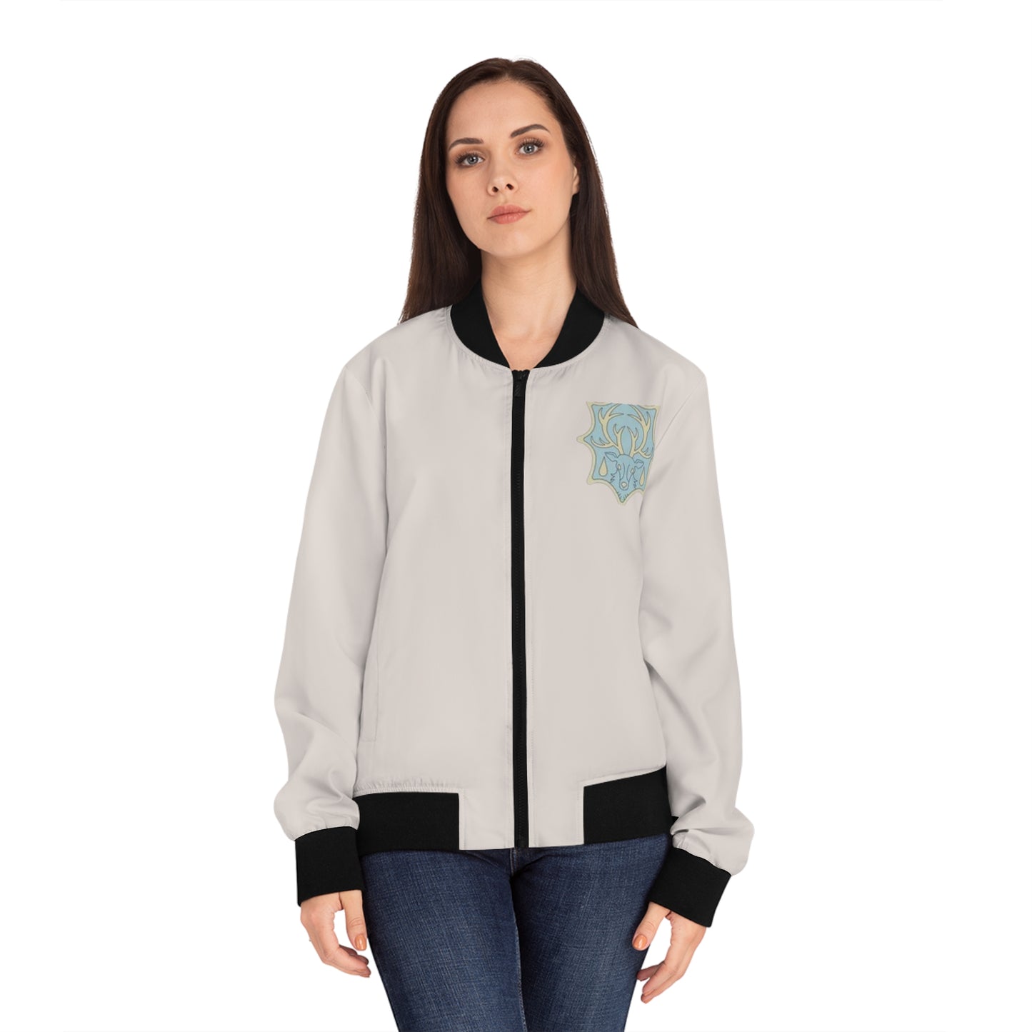 Women's Aqua Deer Bomber Jacket.